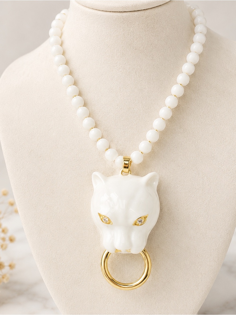 409. White Enamel Panther Pendant Milk Glass Beads Gold Tone Charm Ring Necklace